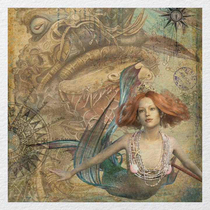 Hills Of Fabric - Wholesale Craft Supplies - Vintage Mermaid Nautical Ocean Printed Fabric Panel