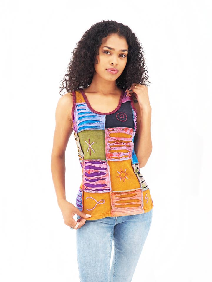 Handmade Patchwork Boho Tank Top in Orange and Purple Cotton for wholesale by Purple Boho