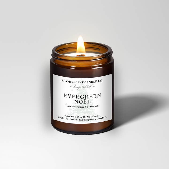 Evergreen Noël Candle - Amber Jar for wholesale by Flame2scent Candle Co.