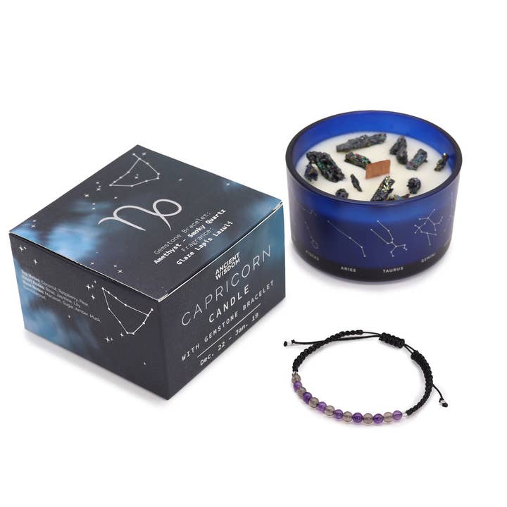 Zodiac Crystal Candle with Gemstone Bracelet - Capricorn for wholesale by Ancient Wisdom