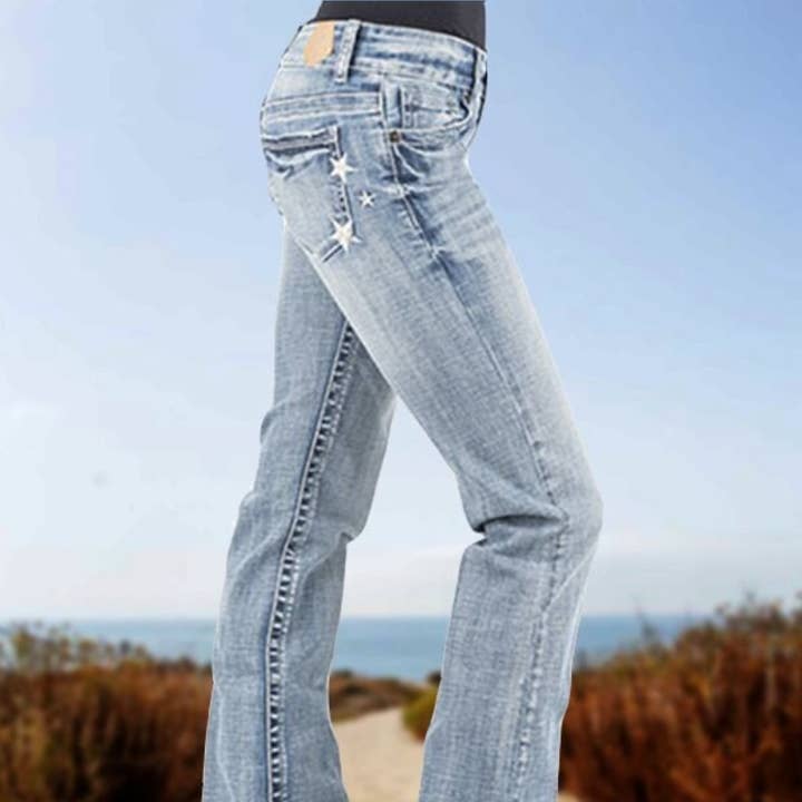Jeans con ricamo a stelle vintage a vita media per la vendita all'ingrosso da parte di Tourtiwi