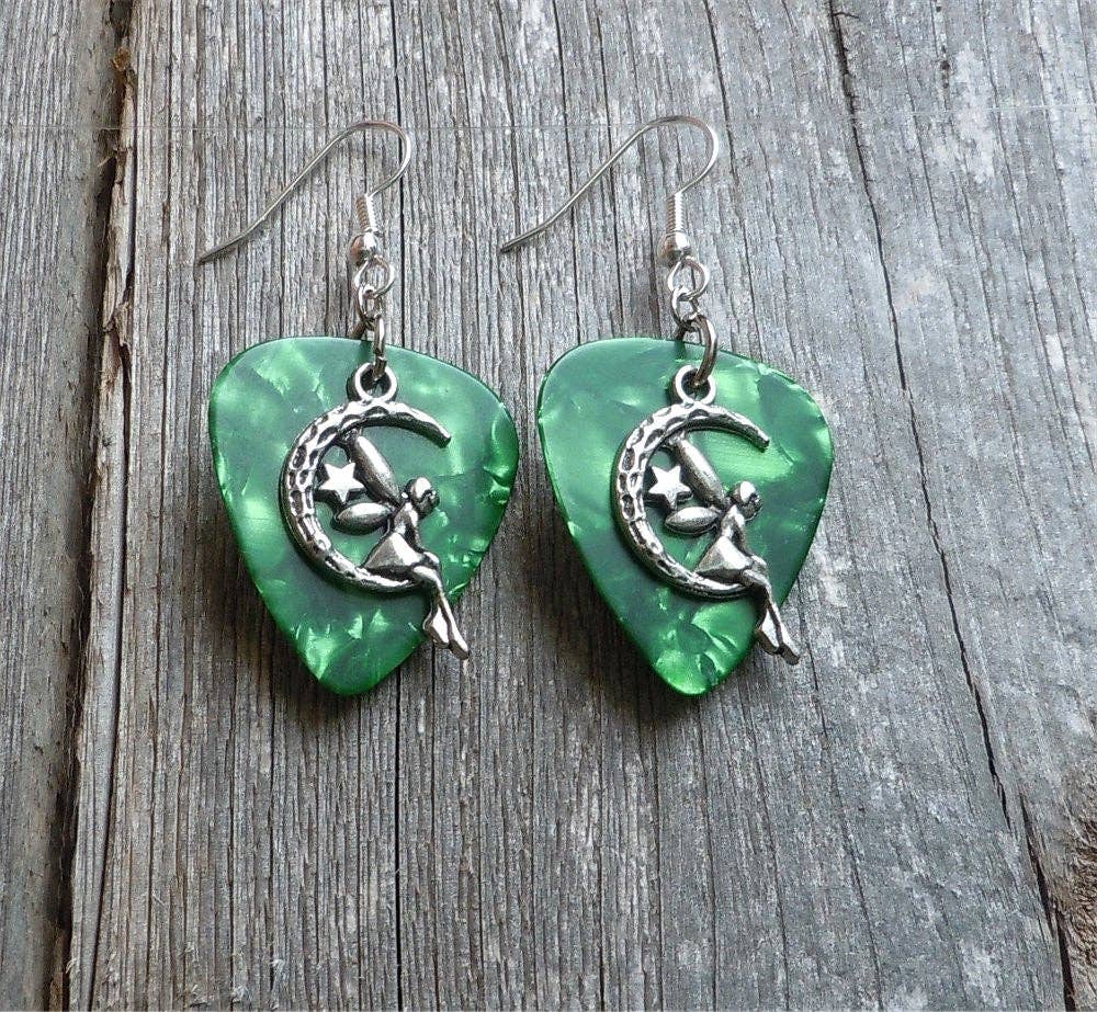 Simply Raevyn - Wholesale Dangle Earrings - Fairy on the Half Moon Charm Guitar Pick Earrings10