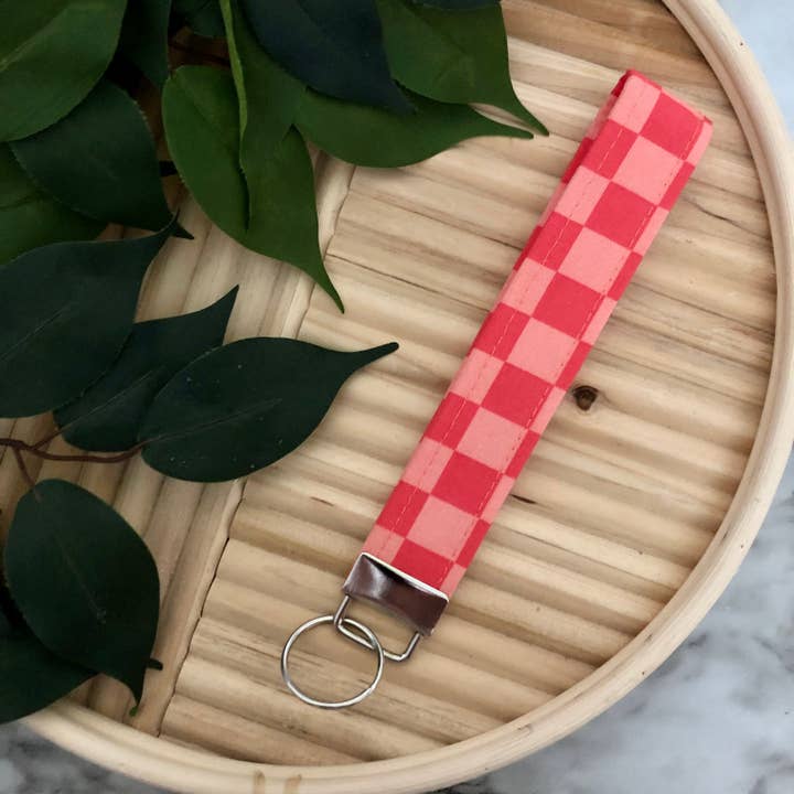 MDStickerShop - Wholesale Keychain - Women's - Pink Checkered Print Fabric Wristlet Keychain, Key Fob