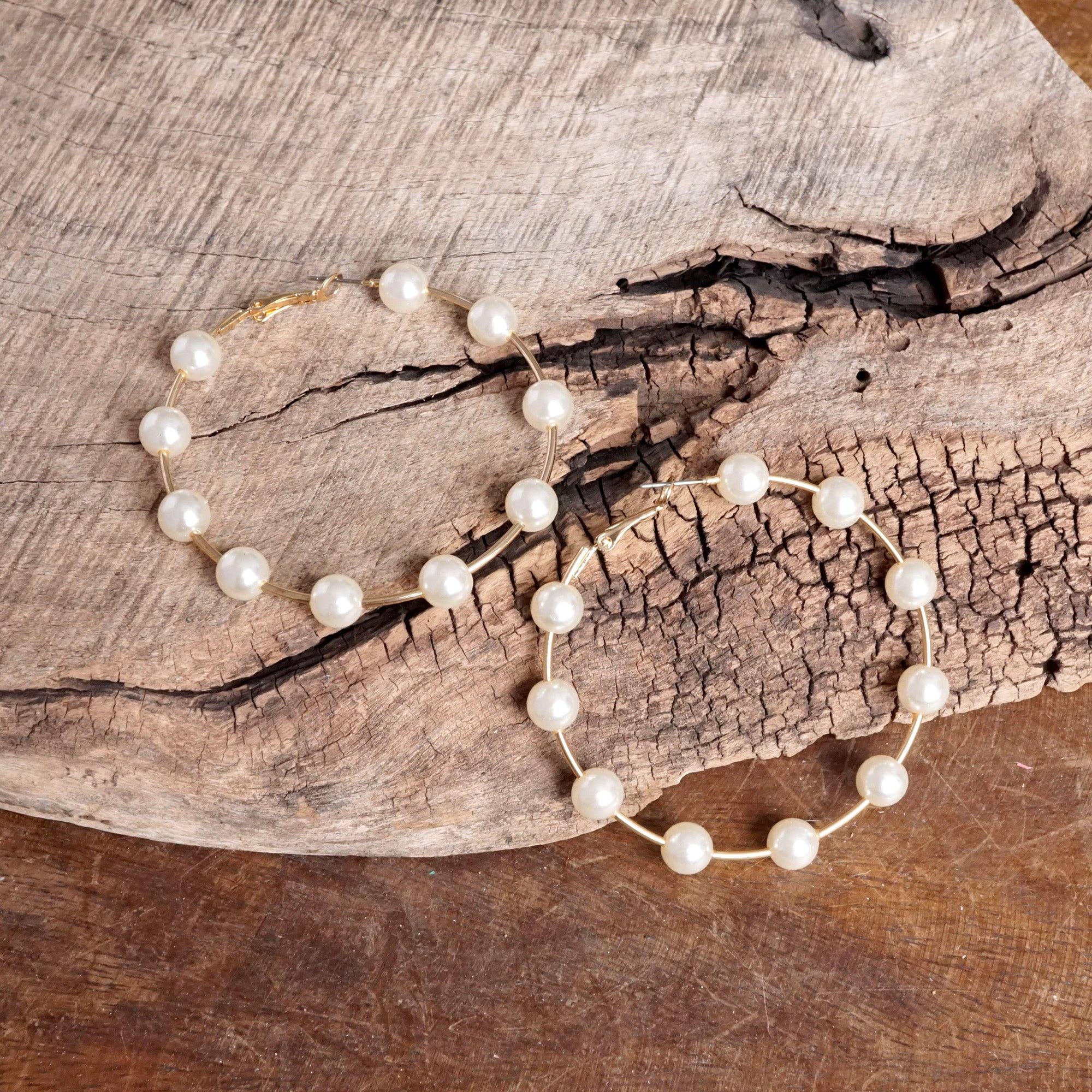 PennyLine inc - Wholesale Hoop Earrings - Large Golden Hoop Earrings with Pearls – 2.5" Drop2