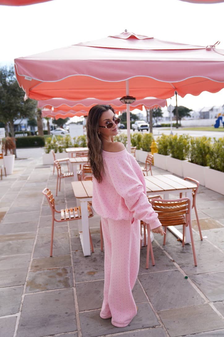 Sunkissed Coconut - Wholesale Sweatshirt - Women's - Light Pink Polka Dot Off The Shoulder Sweatshirt12
