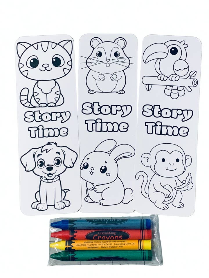 Animal Story Time Coloring Bookmarks with Crayons Kit - Set of 3 - 2" x 6" Rounded Corner Bookmarks - Cat Dog Hamster Bunny Bird Monkey for wholesale by Ann Gregory Designs
