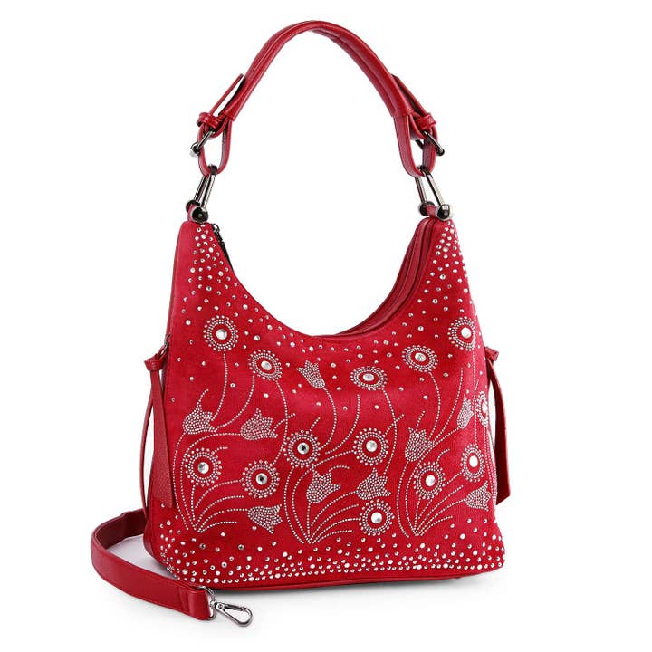 Handbag Express - Wholesale Shoulder Bag - Women's - Whimsical Rhinestone Floral Hobo Handbag