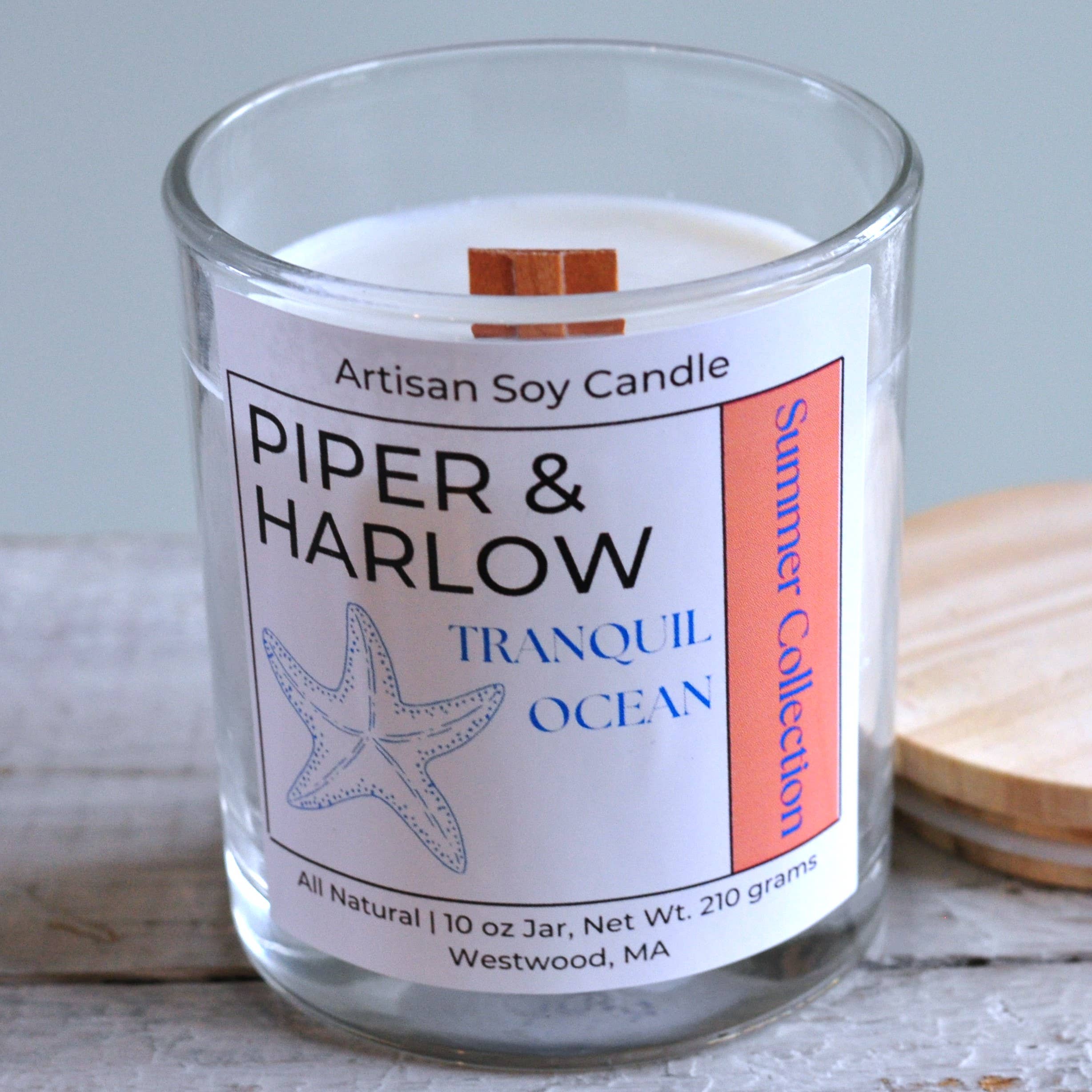 Piper & Harlow Collections - Wholesale Jar/Filled Candle - Tranquil Ocean Candle - 10 oz Soy Clear Glass Wooden Lid1