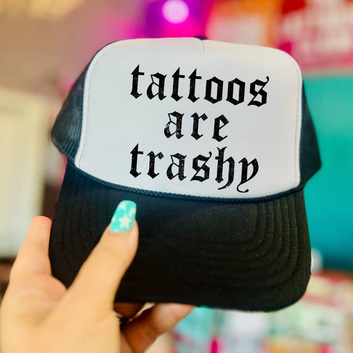 Tattoos are Trashy OTTO Black and White Foam Trucker for wholesale by THE LATTIMORE CLAIM