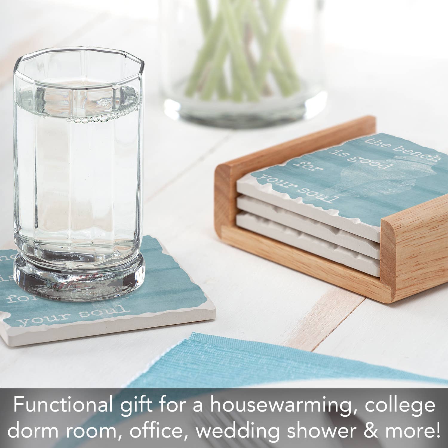 Conimar Promotions - Wholesale Coasters - Beach Soul 4 Pack Stone Coasters in Wooden Holder  4