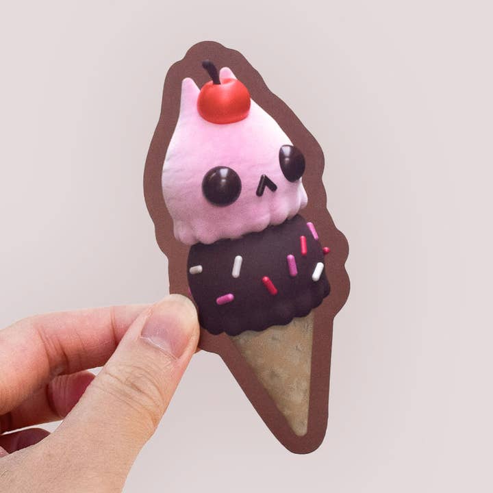 Autocollant en vinyle Cornet de glace double boule chat pour la vente par Canofdanchan Shop