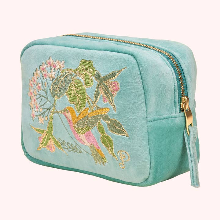 Velvet Embroidered Make Up Bag - Hummingbird, Aqua for wholesale by Powder Design inc - US
