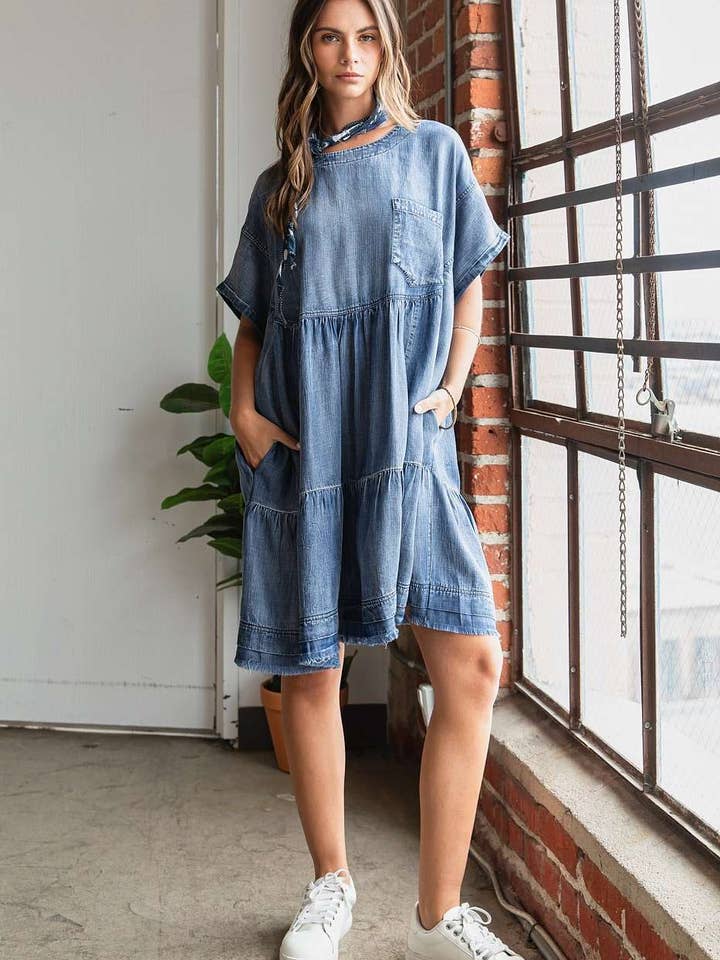 WASHED CHAMBRAY DENIM OVERSIZED TIER MINI DRESS for wholesale on Faire