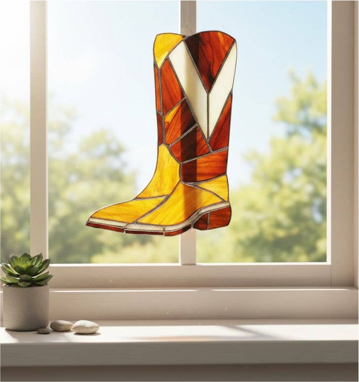 DGE Distribution - Wholesale Stained Glass Panel - Cowboy Boot Stained Glass Suncatcher 8" × 6" – Western Decor1