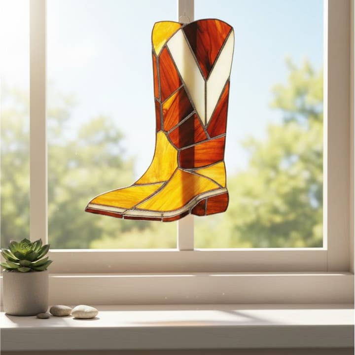 DGE Distribution - Wholesale Stained Glass Panel - Cowboy Boot Stained Glass Suncatcher 8" × 6" – Western Decor1