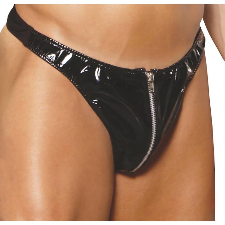 Black Elegant Moments Mens Zip Up Vinyl Thong for wholesale on Faire