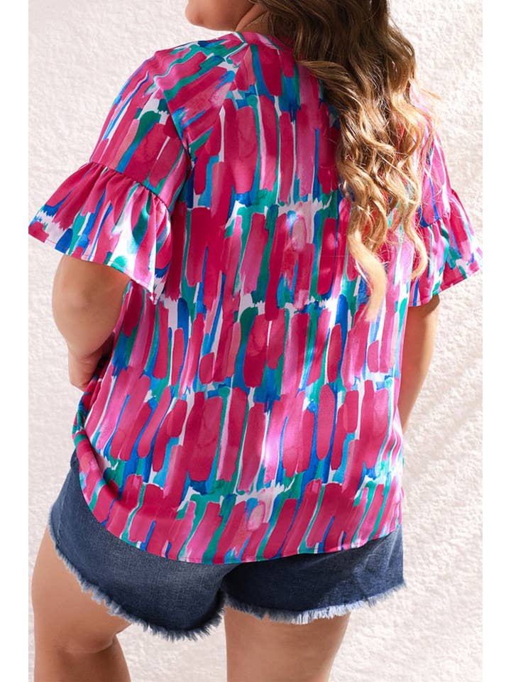 Rose Abstract Ruffle Sleeve Buttoned Blouse Plus Size for wholesale on Faire
