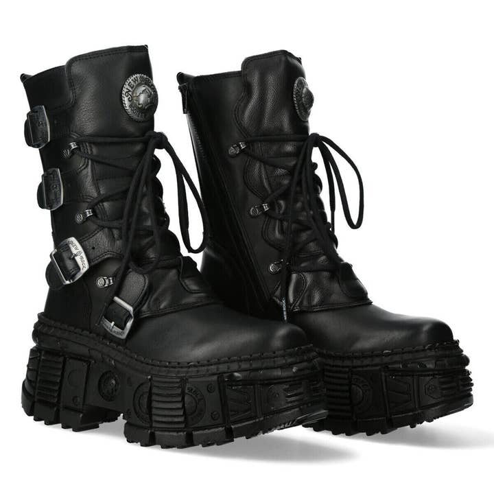Black New Rock Mid-Calf Leather Goth Boots-WALL373-S5 for wholesale on Faire