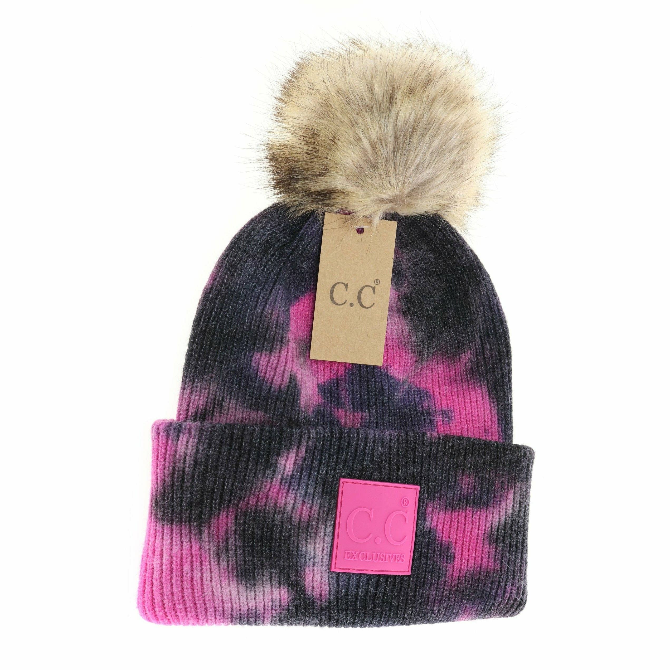 C.C Beanie – Großhandel Beanie – Damen – Batikmütze mit Pelz und Pompon C.C. HAT7380POM1
