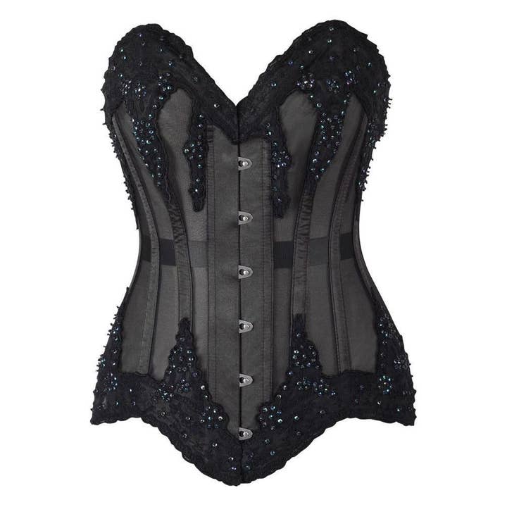 Corsetto sopra il seno in rete nera trasparente con perline e stecche in acciaio di alta qualità. per la vendita all'ingrosso da parte di Daisy Corsets