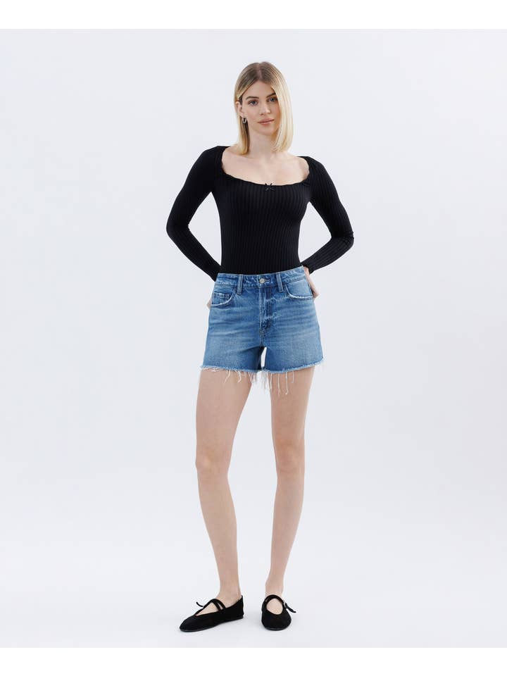 AMICABLY HIGH RISE RAW HEM DENIM SHORTS T6814 for wholesale on Faire