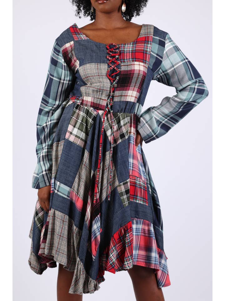 Sacred Threads - Wholesale Dress – Women's - Lace-Up Denim Plaid Patchwork Dress2