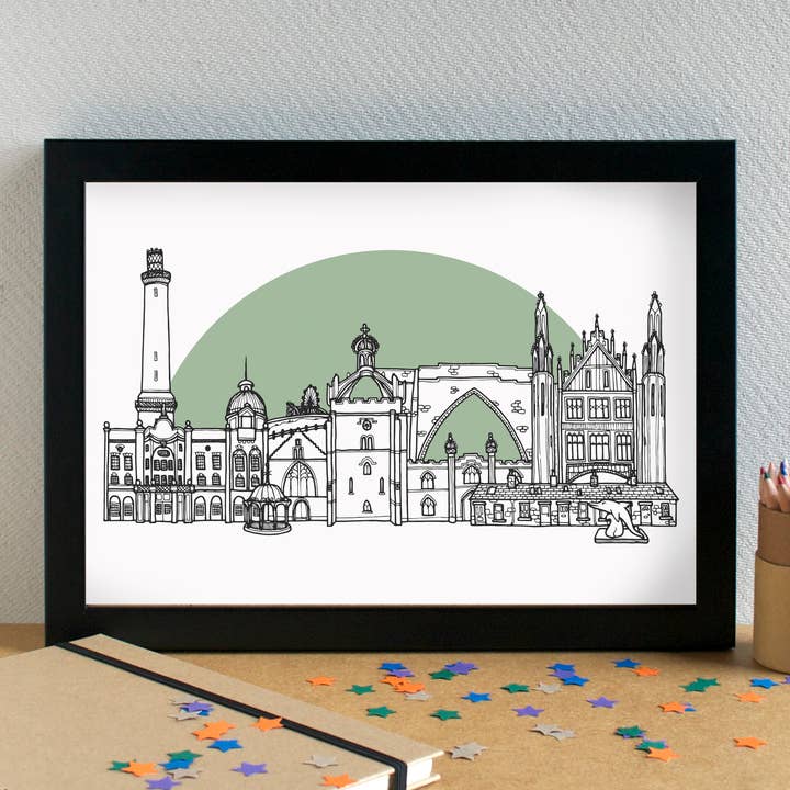 Aberdeen Skyline Landmarks Art Print - unframed for wholesale by Becka Griffin Illustration