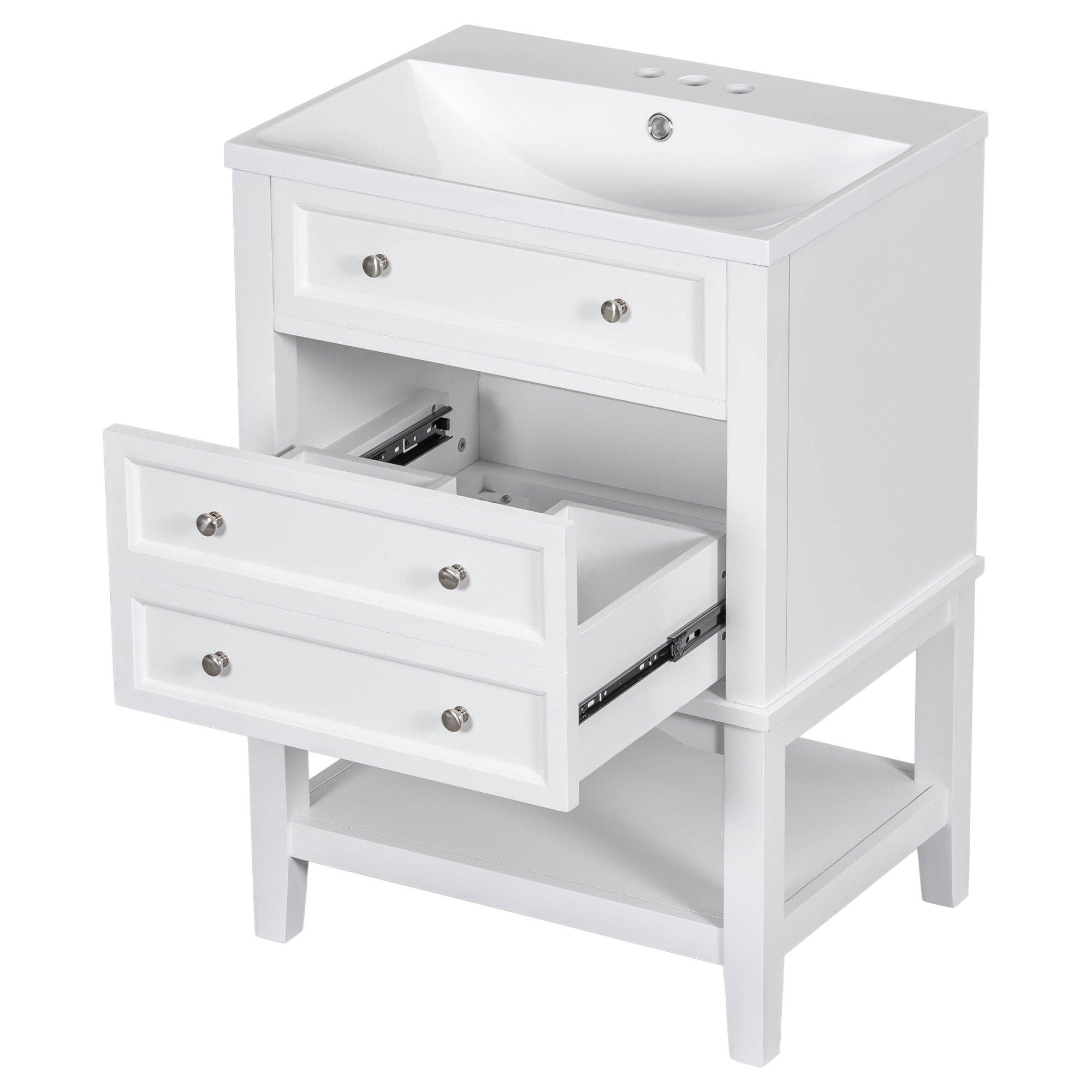 Orange County Decor - Wholesale Cabinet - 24" Bathroom Vanity With Sink, Bathroom Storage Cabinet With Drawer And Open Shelf, Solid Wood Frame, White White Solid Wood Mdf14