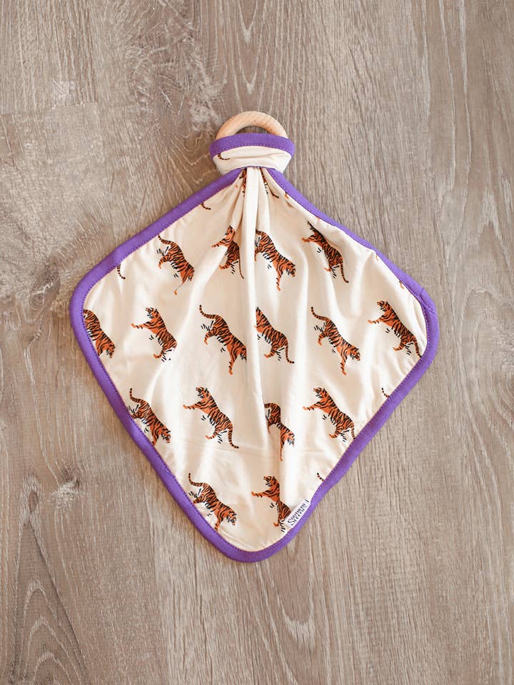 Purple Tiger Bamboo Lovie with Wooden Ring for wholesale by Southern Slumber