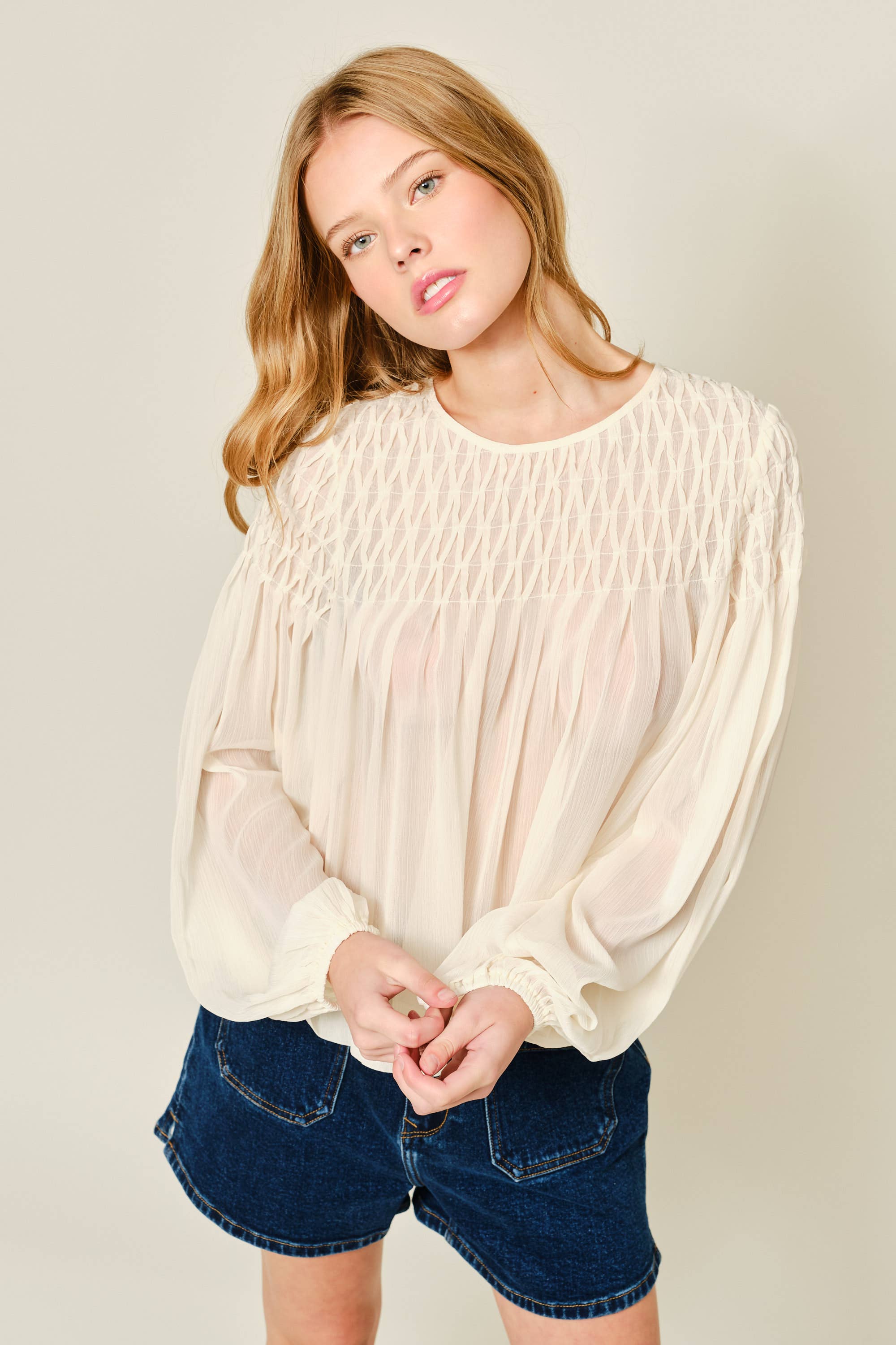 Aaron & Amber - Wholesale Blouse - Women's - AJT5433 SPECIAL SMOCKED DETAIL LONG SLEEVE BLOUSE3