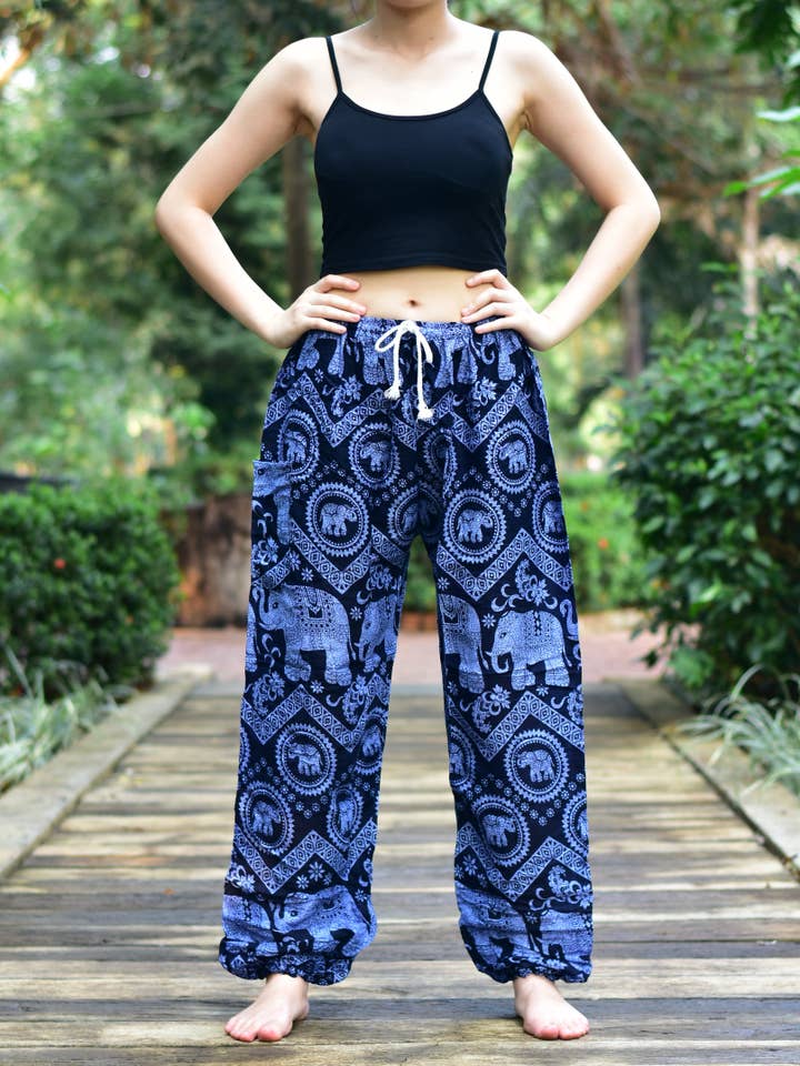 Bohotusk Blue Elephant Tusker Print Womens Harem Pants Tie Waist S/M to 3XL for wholesale on Faire4