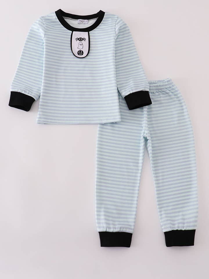 Blauwe Halloween spin borduurwerk streep broekenset voor wholesale door Aspen Rain Boutique