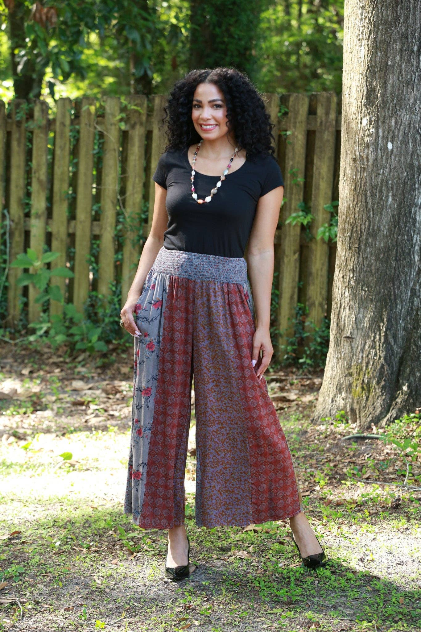 Sacred Threads - Wholesale Pants - Women's - Vintage Berry Fall Tone Patchwork Palazzo Pants
