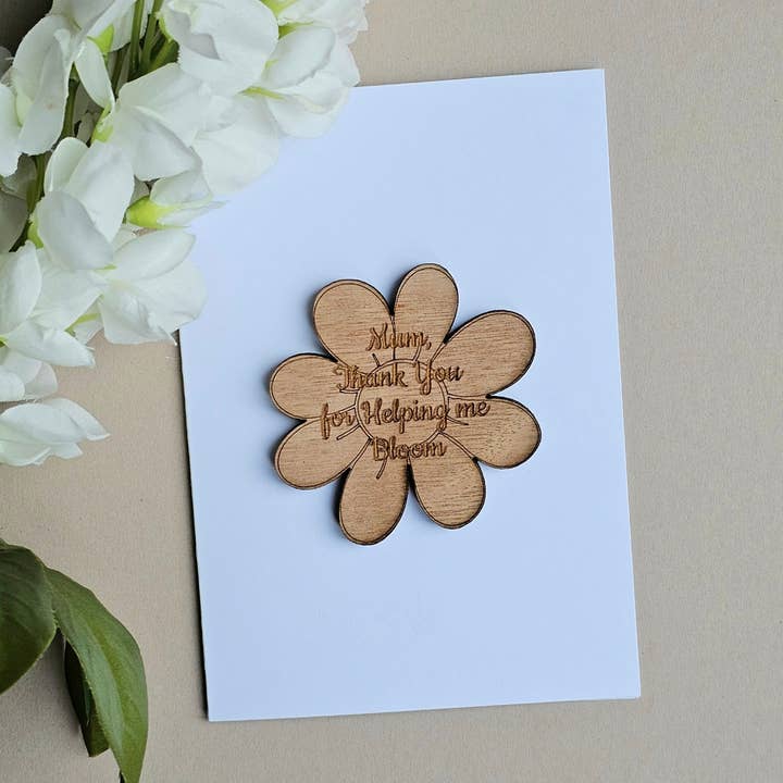 'Mum, Thank You' Wooden Flower Token and Card for wholesale by Nest