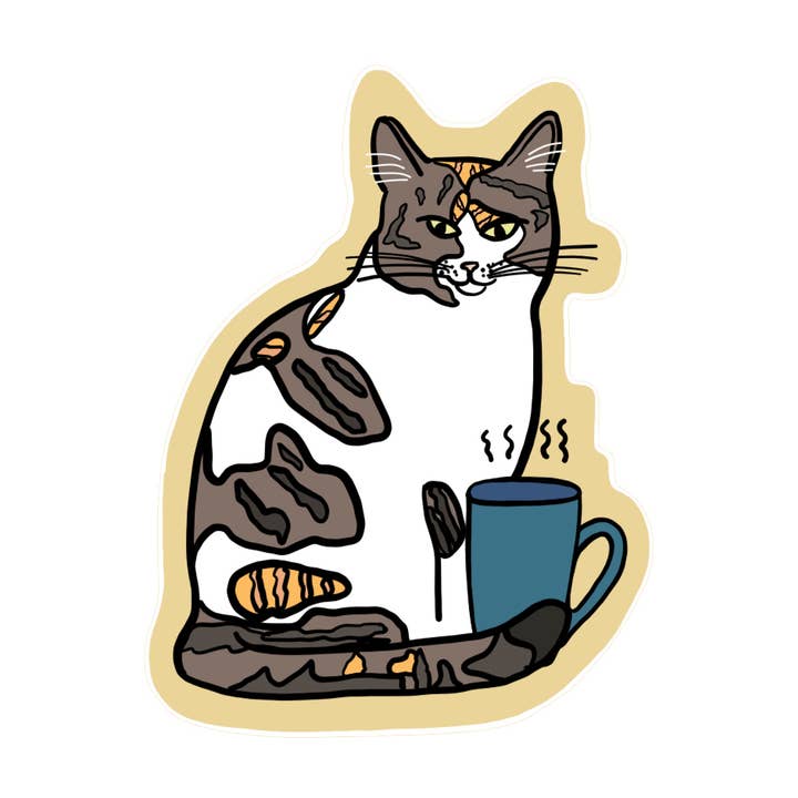Autocollant en vinyle Coffee Cat Cozy Tea pour la vente par Made by Nilina