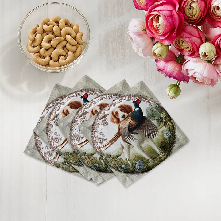 Woodland Hunting Dog Cotton Sateen Cocktail Napkins for wholesale by Nicolette Mayer Collection