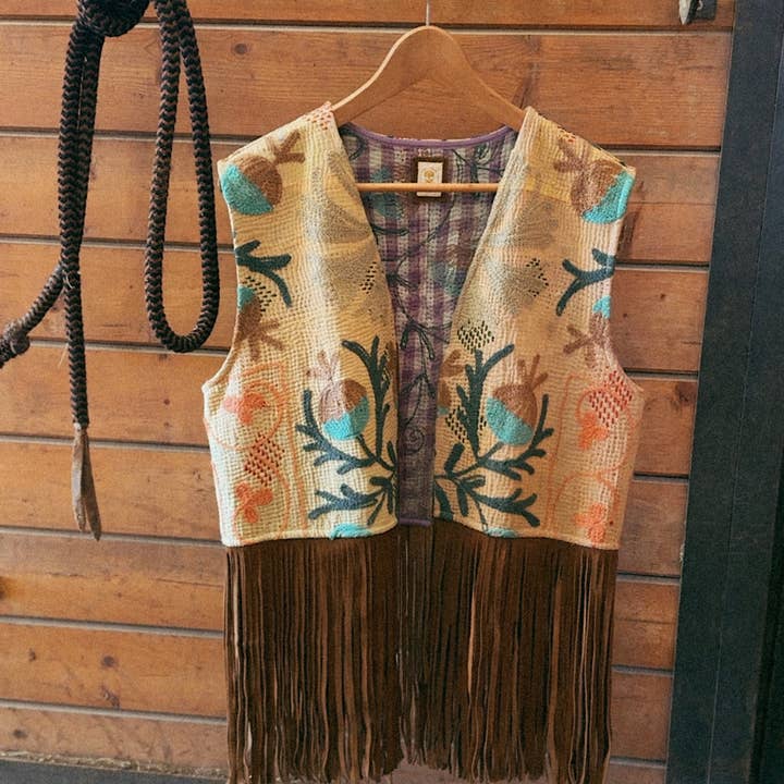 Wylder Trading Company - Wholesale Outerwear Vest - Women's - Boho Western Artisan Fringe Vests | Kantha Suzani Textile5