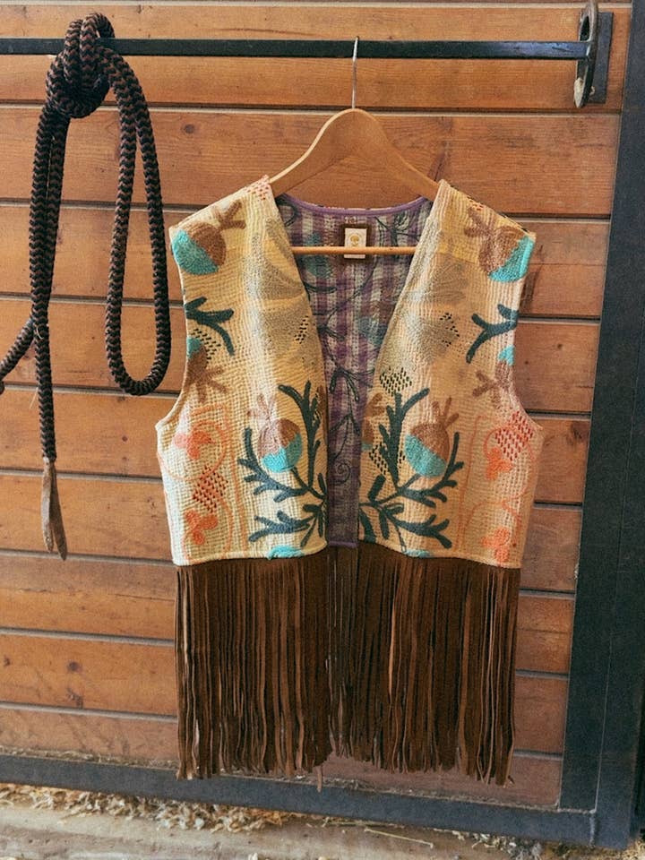 Wylder Trading Company - Wholesale Outerwear Vest - Women's - Boho Western Fringe Cowgirl Hippie Vest Leather Kantha7