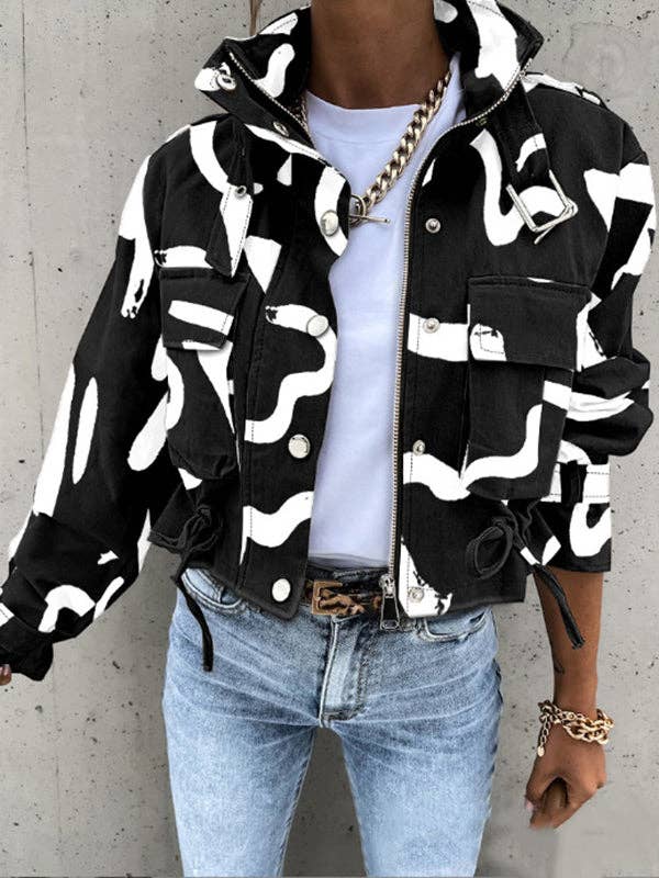 VividLux - Wholesale Jacket - Women's - Long Sleeves Loose Buttoned Drawstring Pockets Printed Split-Joint Zipper Stand Collar Jackets Outerwear1