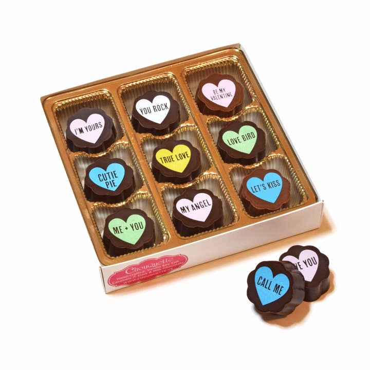 Chouquette - Wholesale Chocolate Box - Valentine Sayings Hearts Chocolate Covered Caramels 9 pieces1