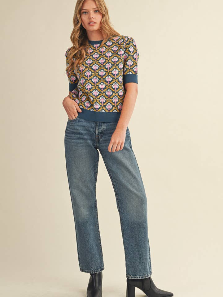 &MERCI - Wholesale Knit Sweater - Women's - FLORAL PATTERN SHORT SLEEVE SWEATER MSW1086019