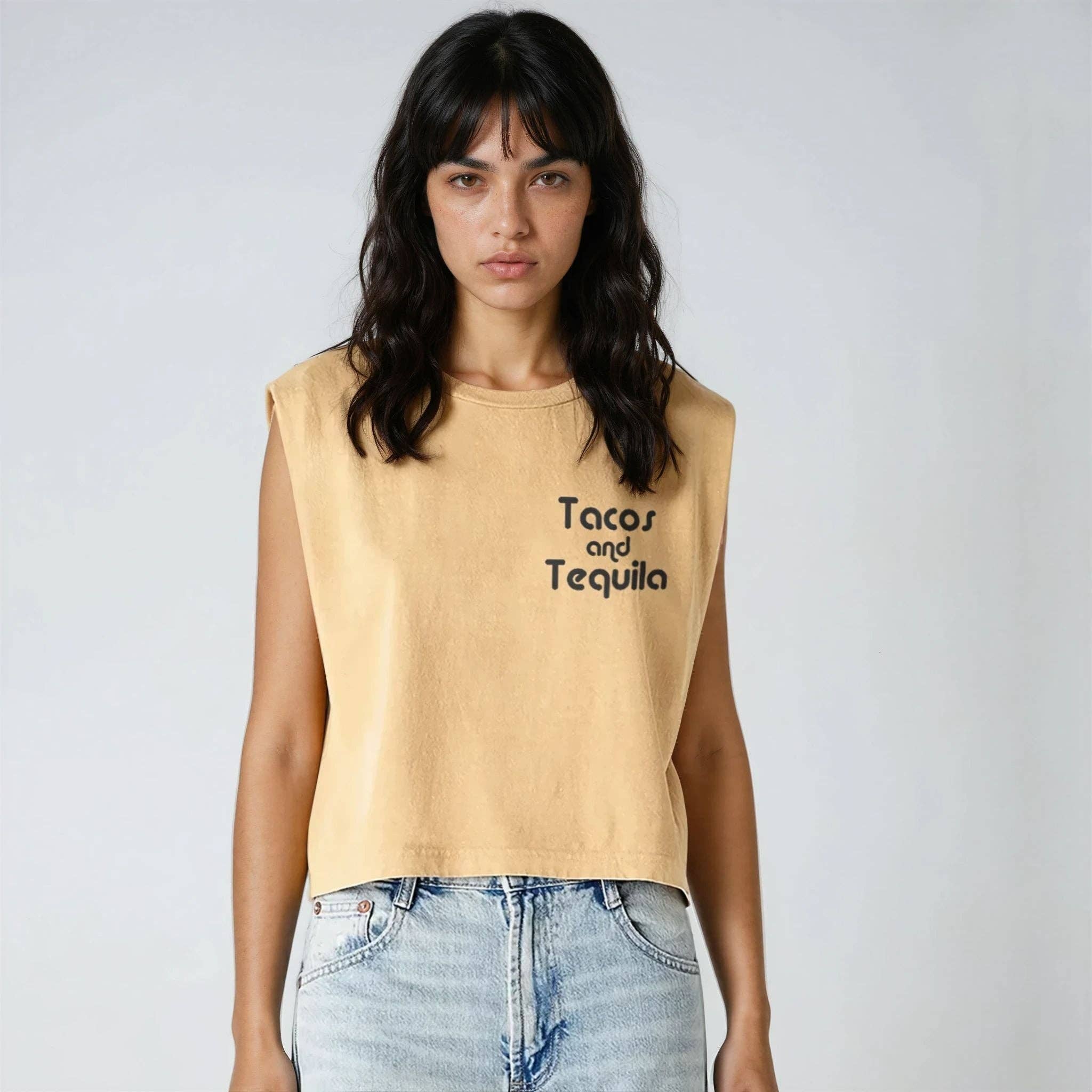 Moutarde délavée T-shirt sans manches teint en pièce Tacos & Tequila en vente sur Faire0