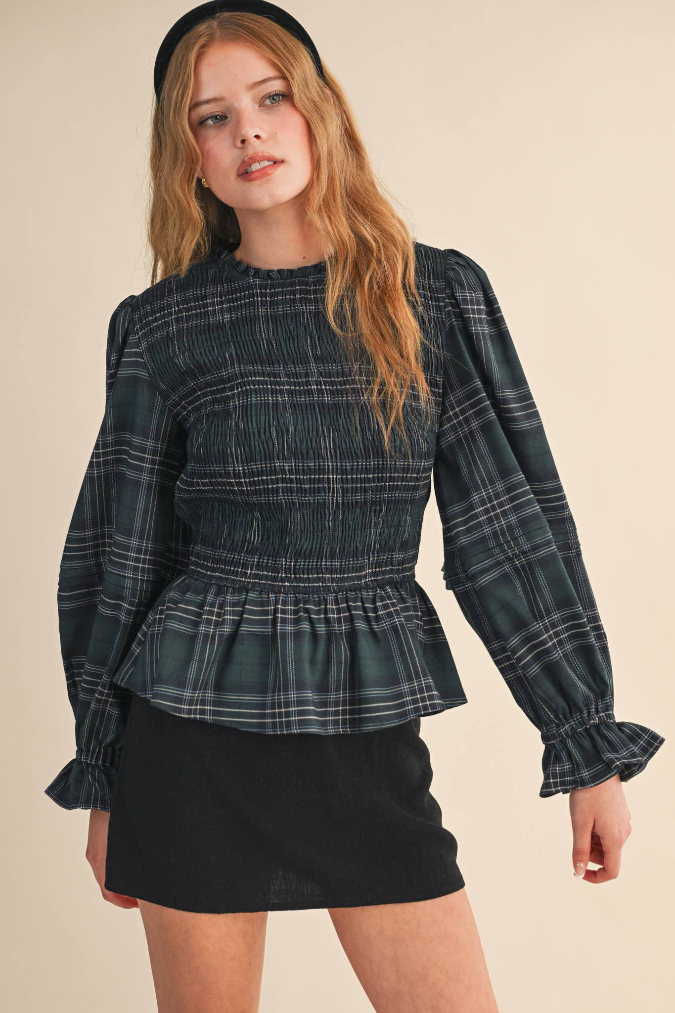 SMOCKED PLAID PUFF SLEEVE PEPLUM TOP MTP4192 for wholesale on Faire