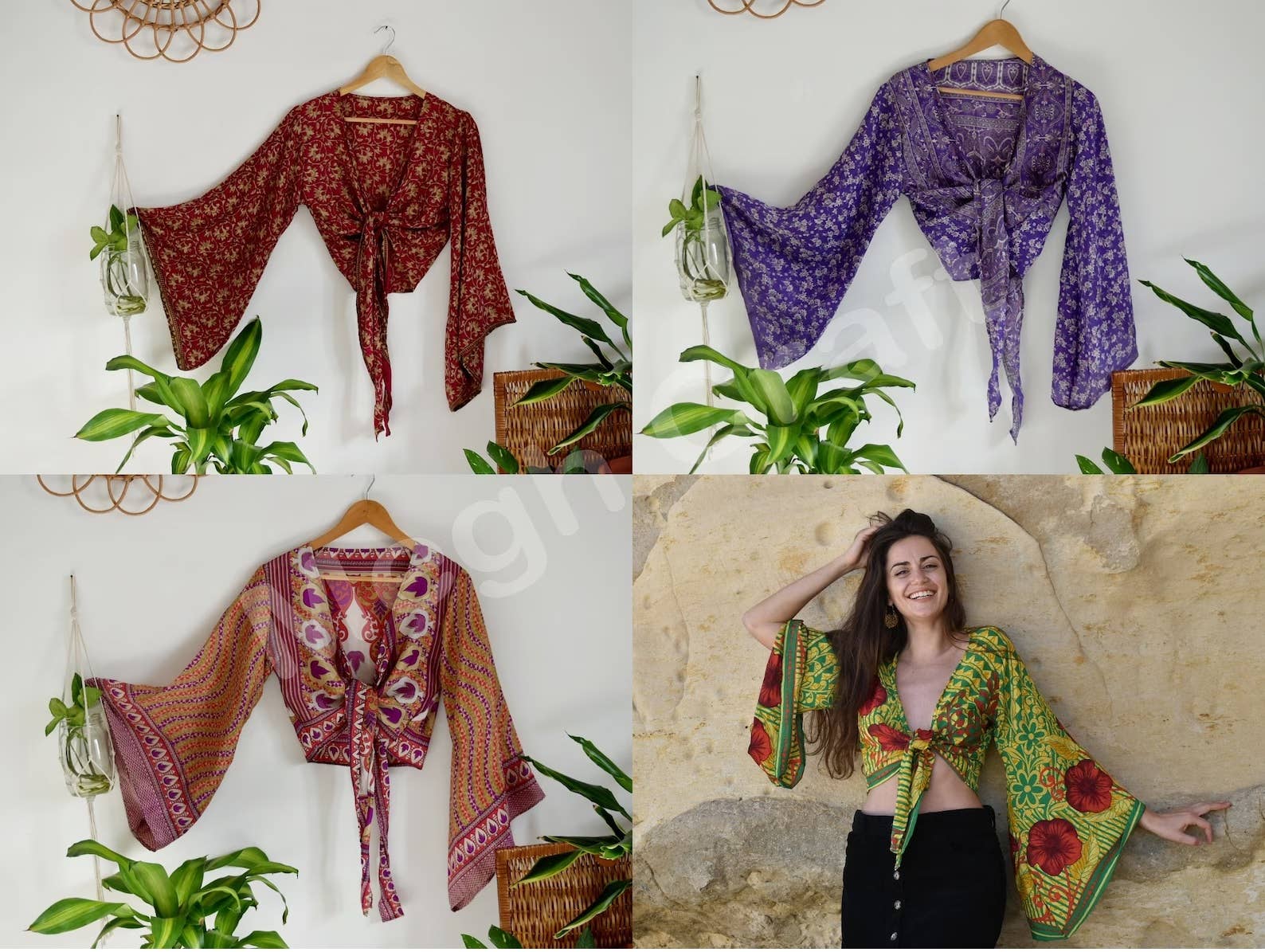 Meghcraft – Engroshandel Bluse - Dame – Boheme silke top med flæseærmer og bindedetalje i upcyclet silke sari1