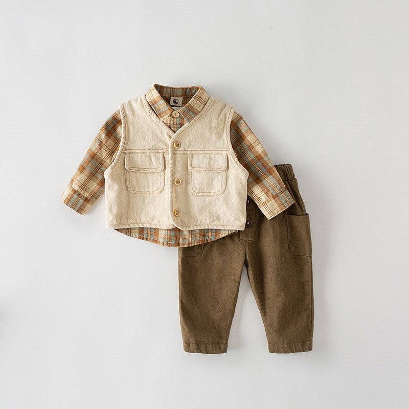 Sheer Trend - Vendita all'ingrosso Completo top e pantaloncini - Bambini - Camicia a maniche lunghe da ragazzo, gilet, set di pantaloni a tre pezzi per bambini0