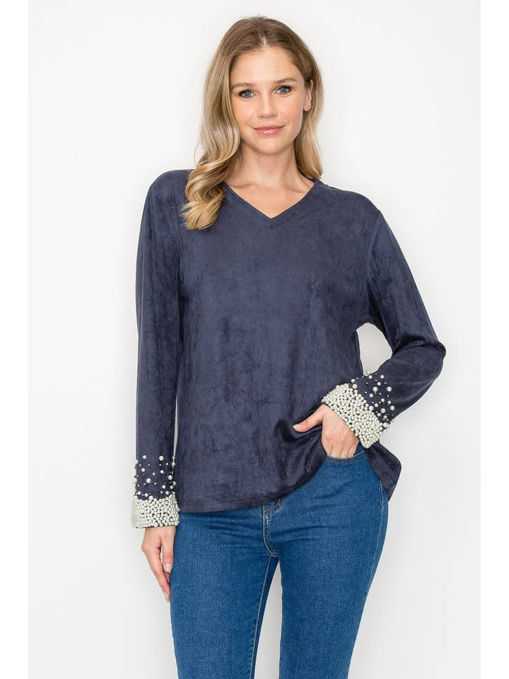 Joh Apparel - Wholesale Blouse - Women's - Alani Suede Top with Pearls