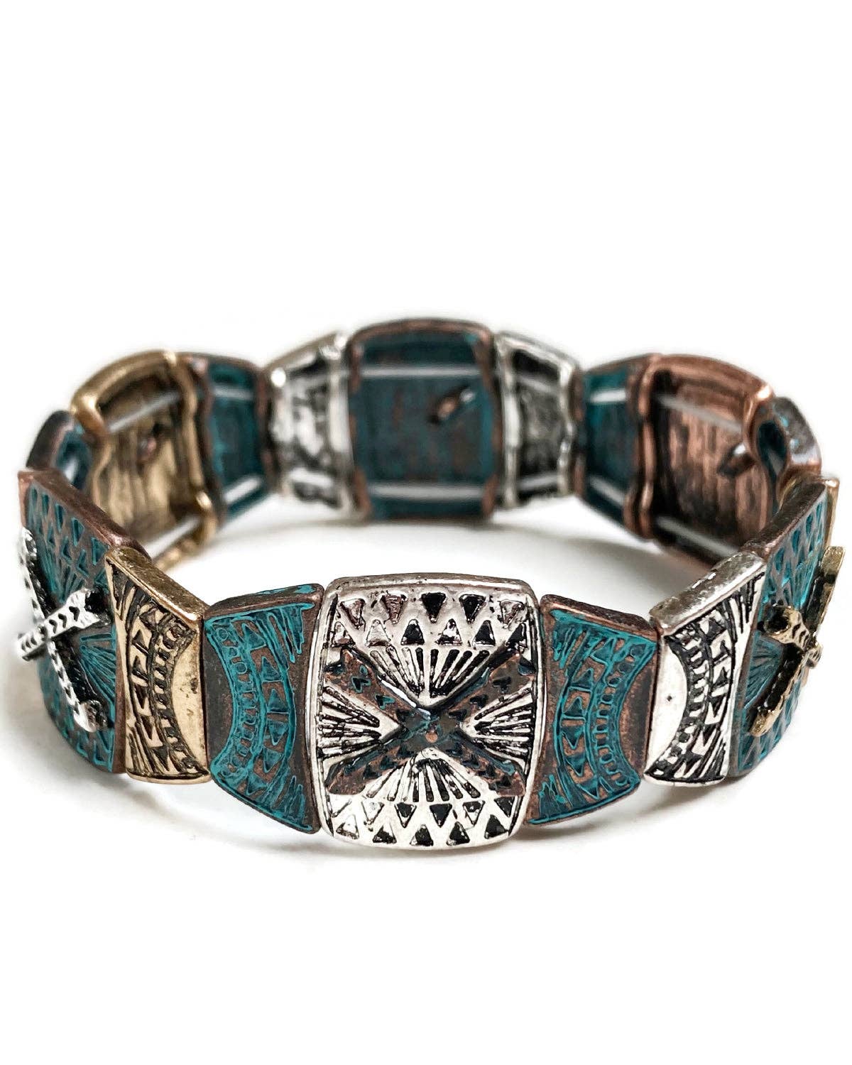 Juniper Wish - Vendita all'ingrosso Bracciale a polsino - Bracciale elasticizzato goffrato in metalli misti con patina antica0