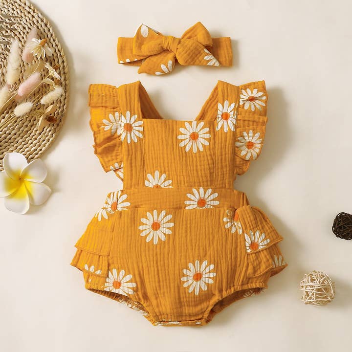 PatPat - Wholesale Bodysuit (Non-Footed) - Baby - 100% Cotton 2pcs Daisy Print Crepe Fabric Baby Romper Set