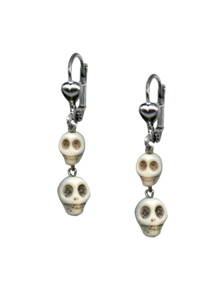 Bohemian Cowgirl Howlite Double Skull Earrings for wholesale by Classic Hardware