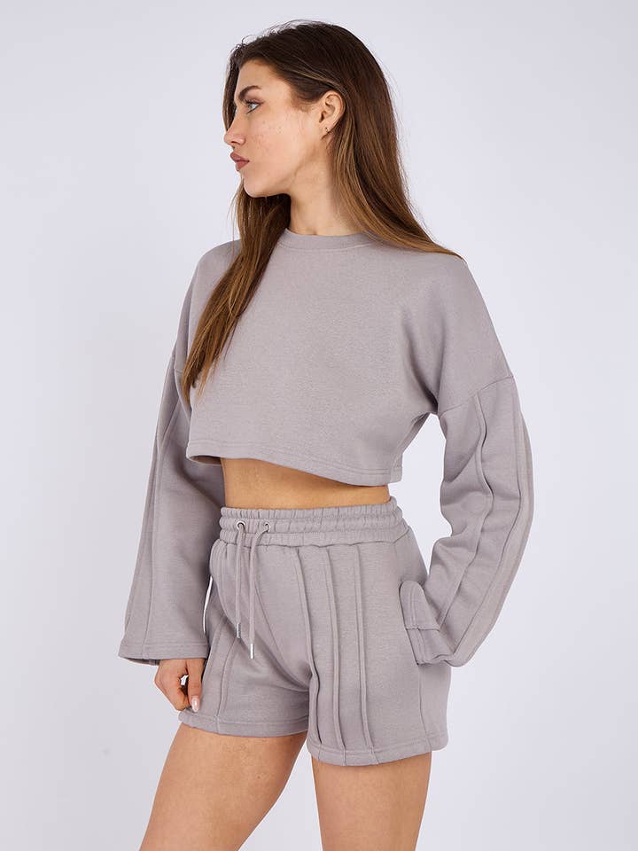 AX Labels - Wholesale Lounge Set - Women's - Seam Detail Oversized Crop Top & Shorts Fleece Co-ord43